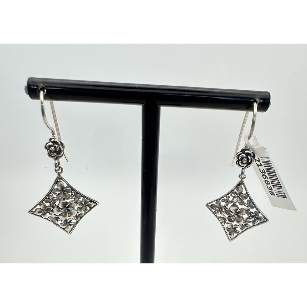 Vintage 925 Sterling Silver Hawaiian Plumeria Filigree Diamond Dangle Earrings